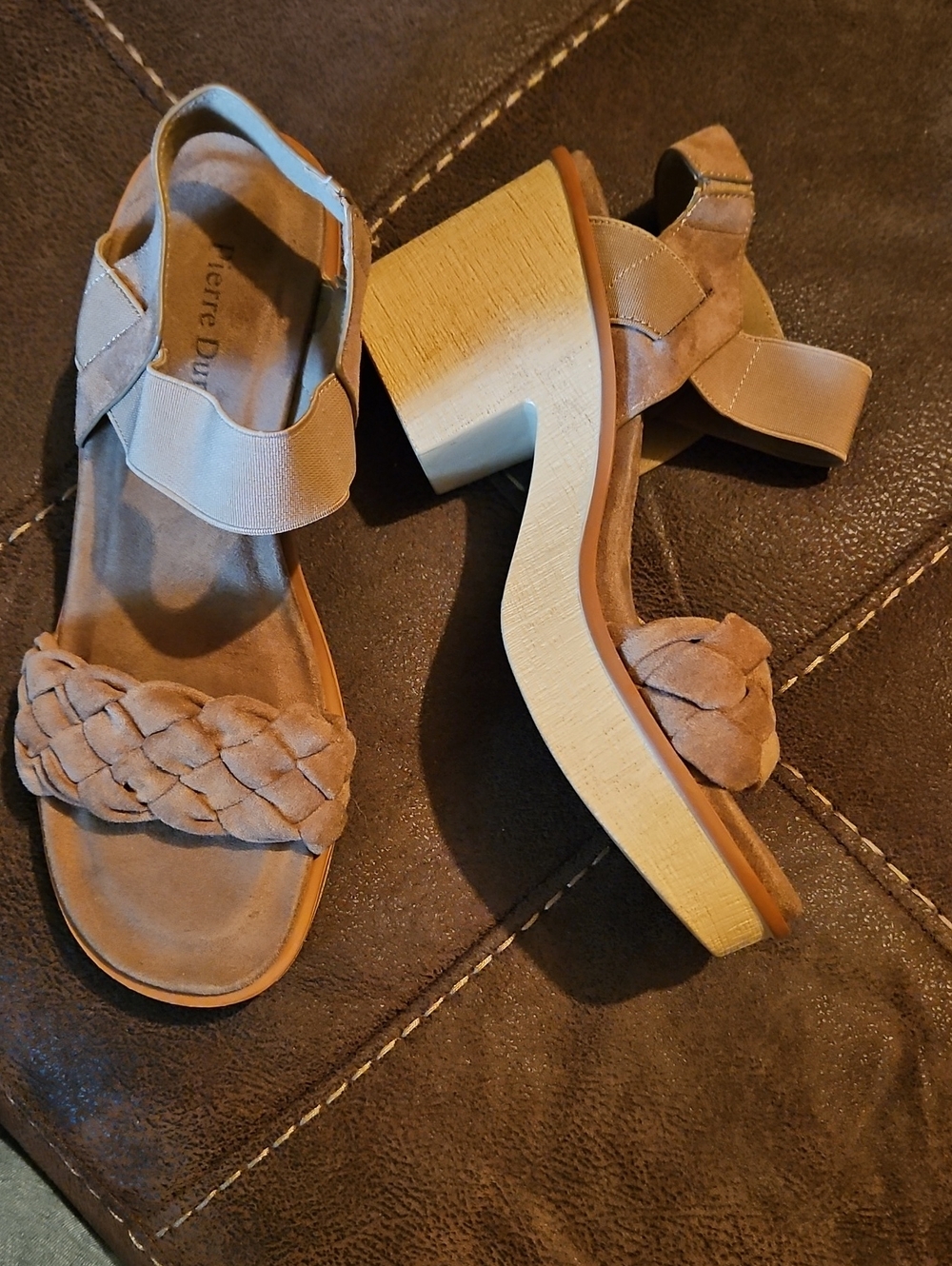 Pierre Dumas Tan Braided Block Heel Sandals with Ankle Strap 9